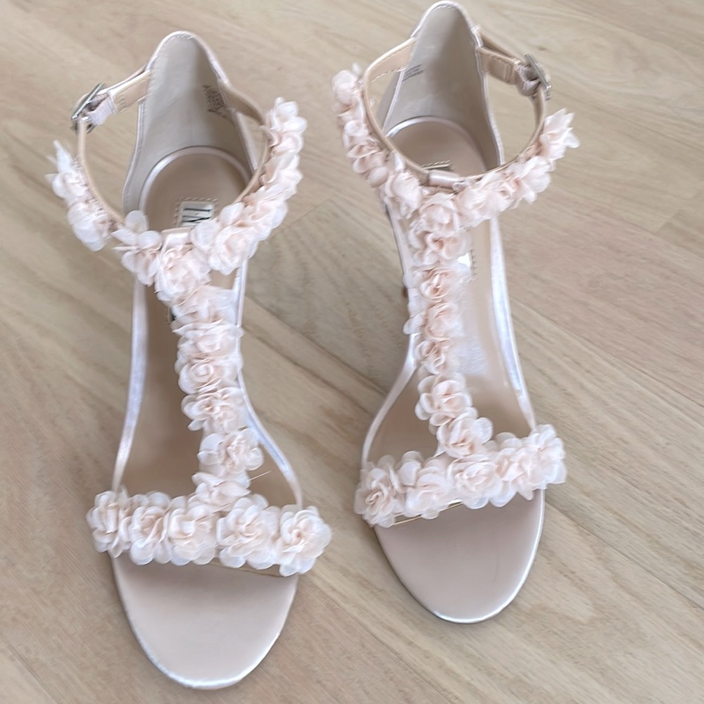 INC strappy light pink satin sandals with fabric flower details. 7.5M.